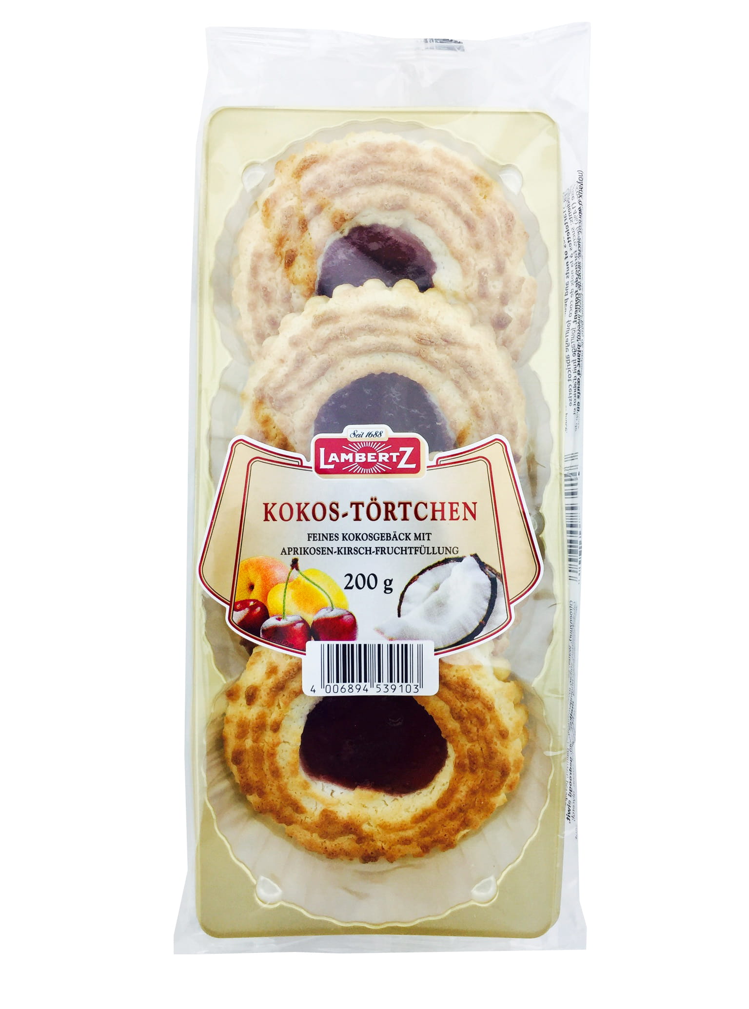 Lambertz Kokos Törtchen mit Aprikosen Kirsch Fruchtfüllung 200g