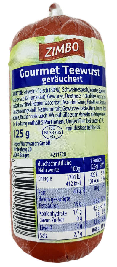 Zimbo Gourmet Teewurst geräuchert 125g