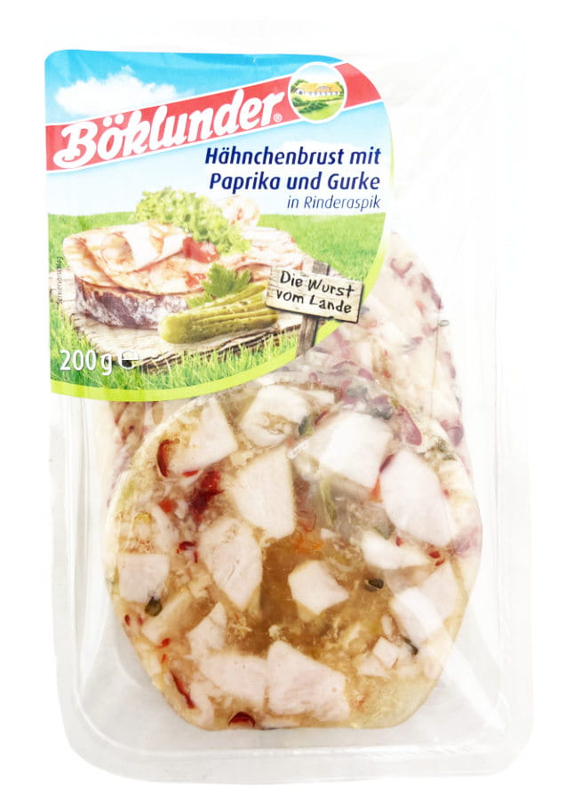 Hähnchenbrust Mit Paprika Und Gurke In Rinderaspik 200g