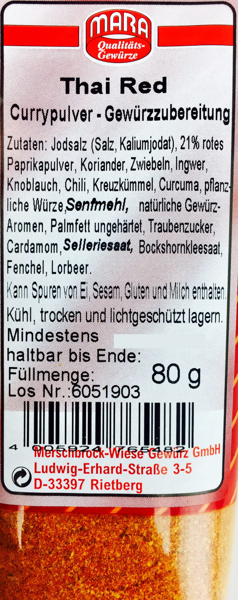 Thai Red Currypulver Gewürzzubereitung 80g