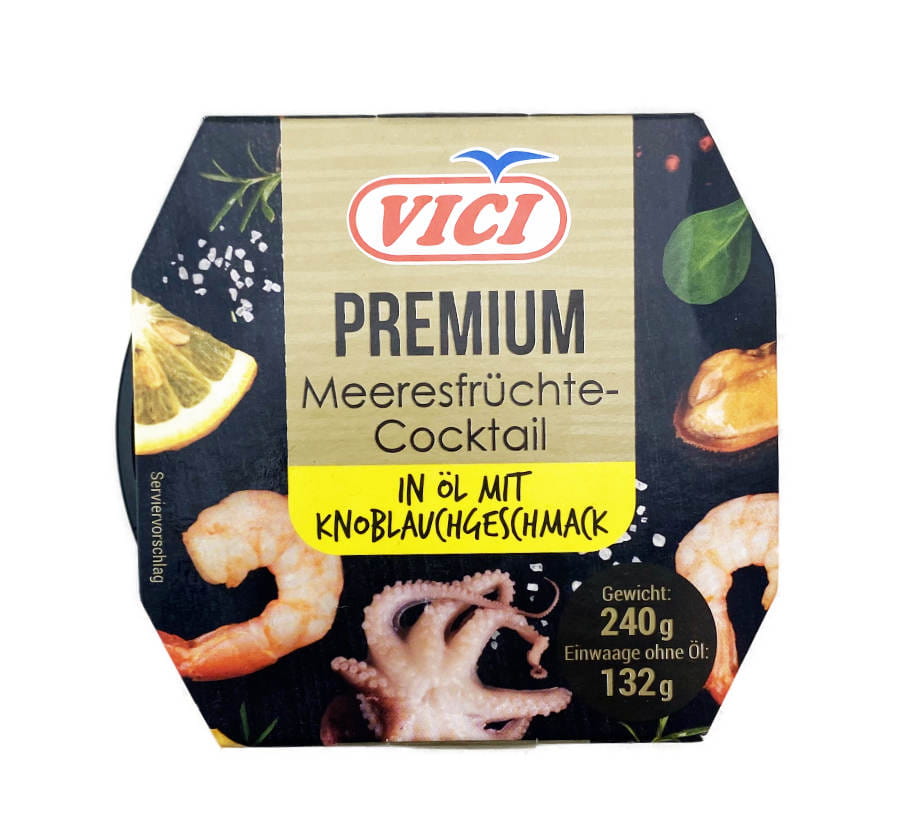 Vici Premium Meeresfrüchte Cocktail in Öl mit Knoblauch Im Glas 240g