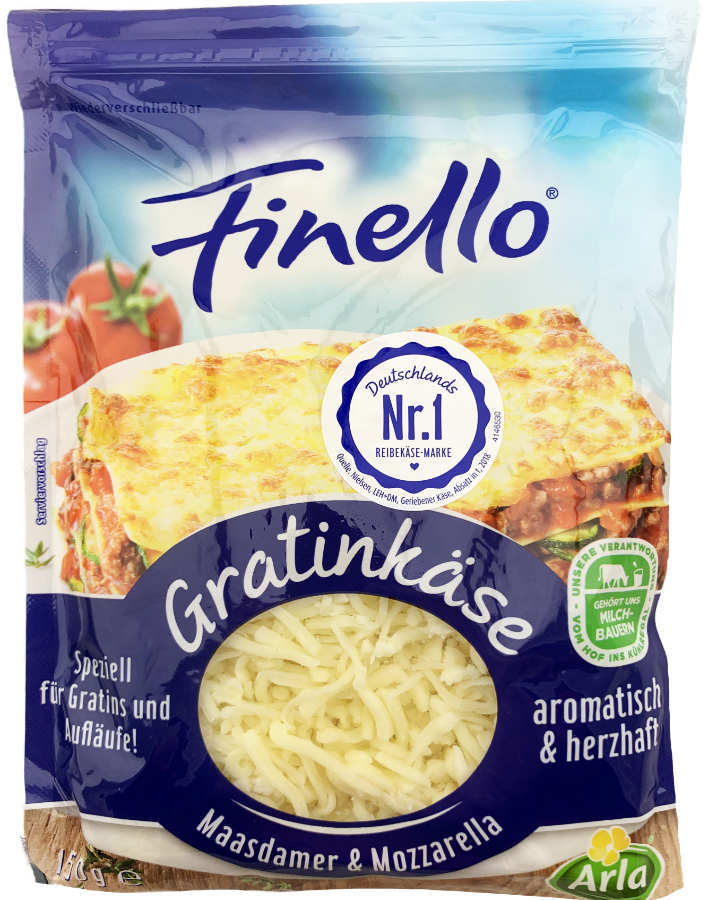 Arla Finello Gratinkäse zum Überbacken Maasdamer und Mozzarella 150g