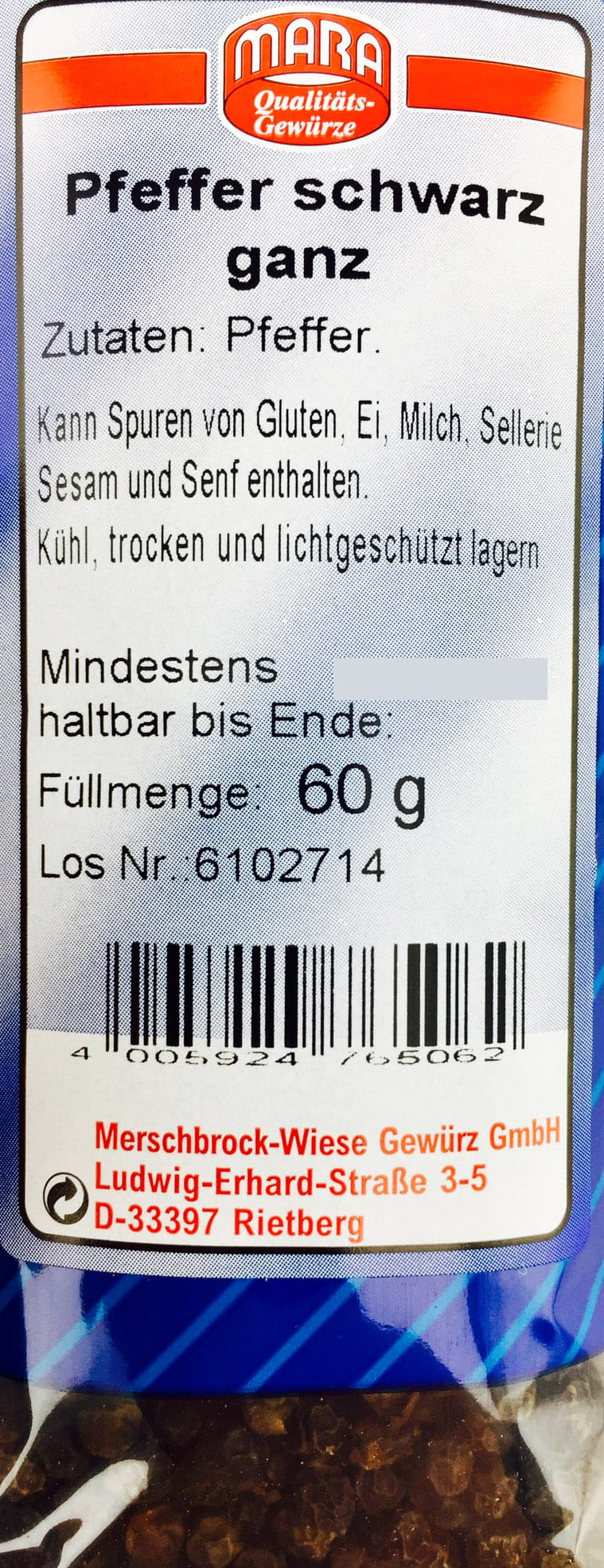 Pfeffer schwarz ganz 60g