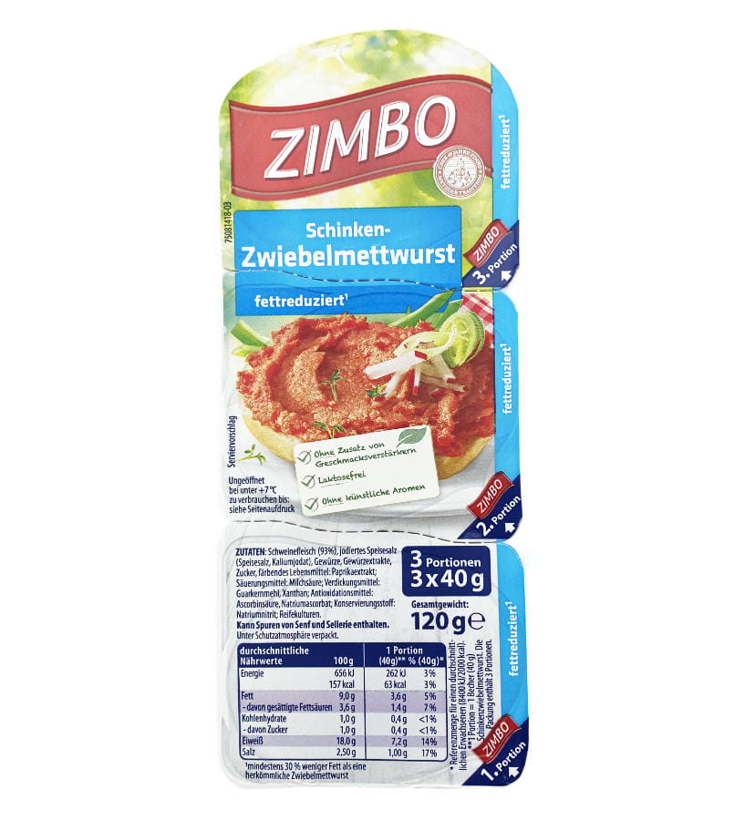 Zimbo Schinken Zwiebelmettwurst Fettreduziert 3er 120g