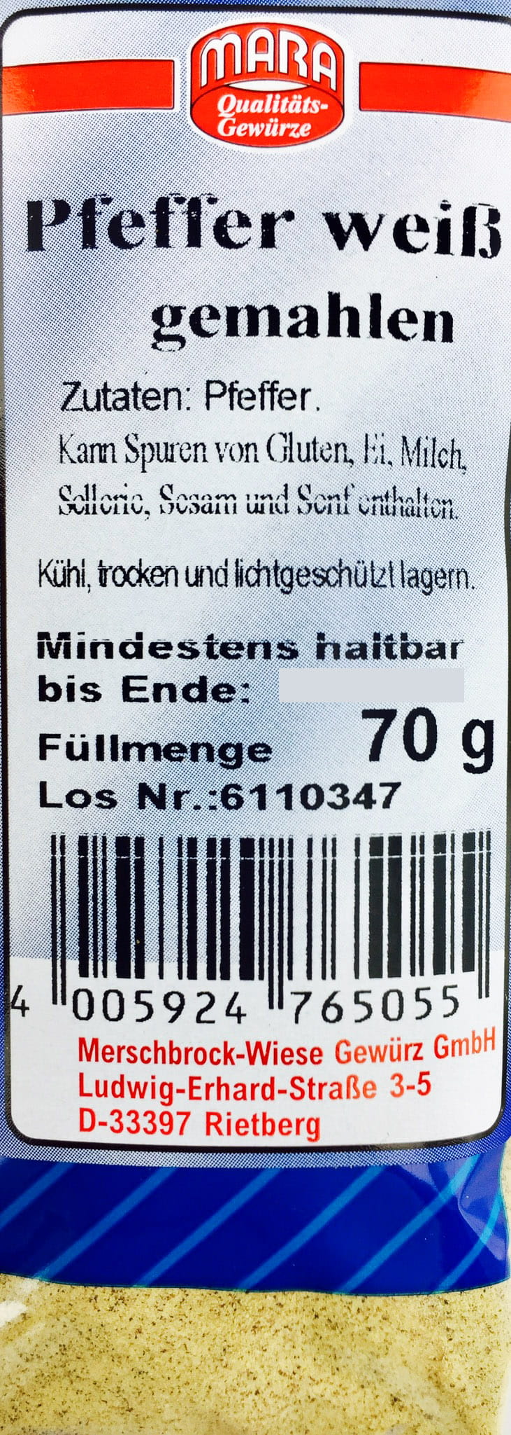 Pfeffer weiß gemahlen 70g