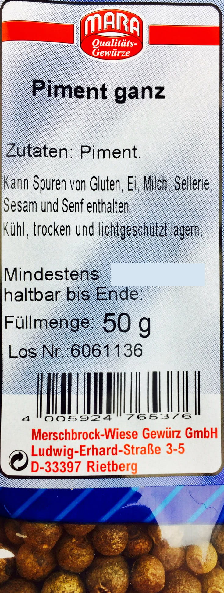 Piment Gewürz ganz 50g