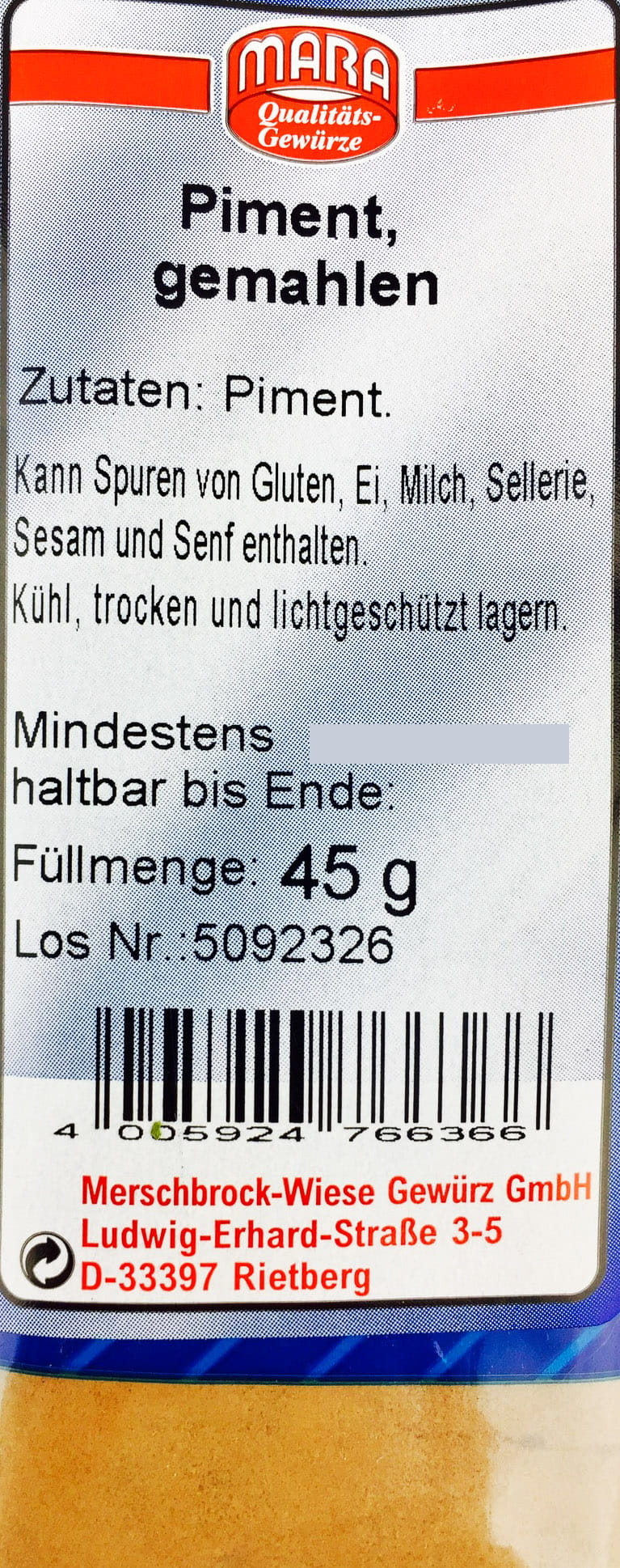 Piment Gewürz gemahlen 45g