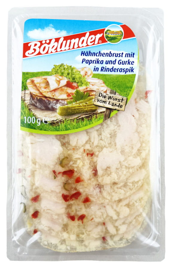 Hähnchenbrust Mit Paprika Und Gurke In Rinderaspik 100g