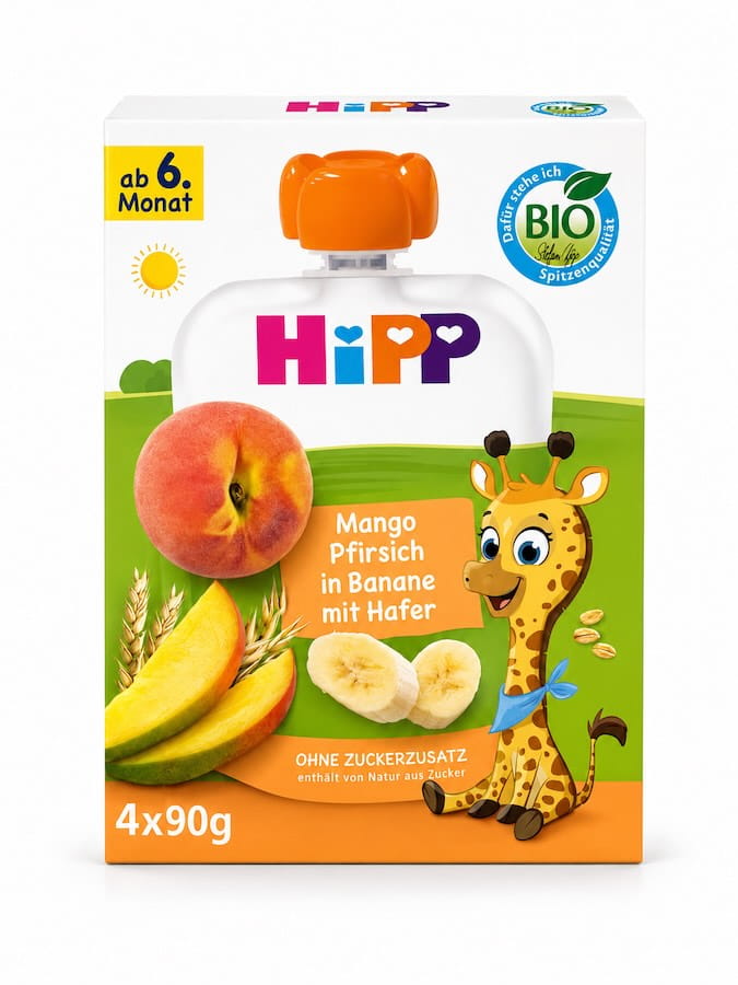 Hipp Quetschies Mango Pfirsich in Banane mit Hafer 4er 360g